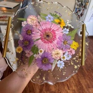 Floral Glass Tray with Gold Handles